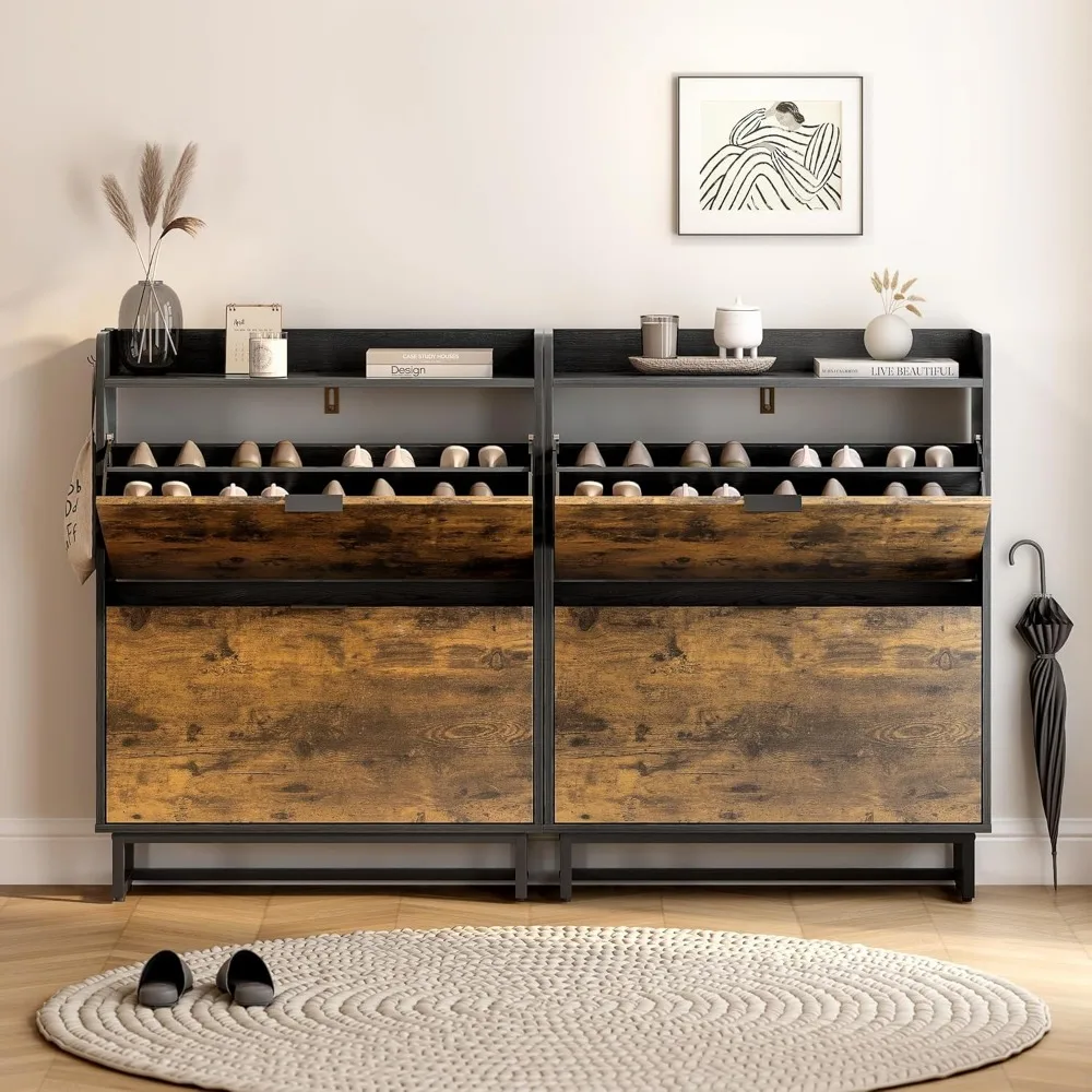 Shoe Cabinet, 2 Flip Drawers, Freestanding Slim Narrow Shoes Rack Cabinet for Entryway, Hallway, Hidden Shoe Storage Cabinets