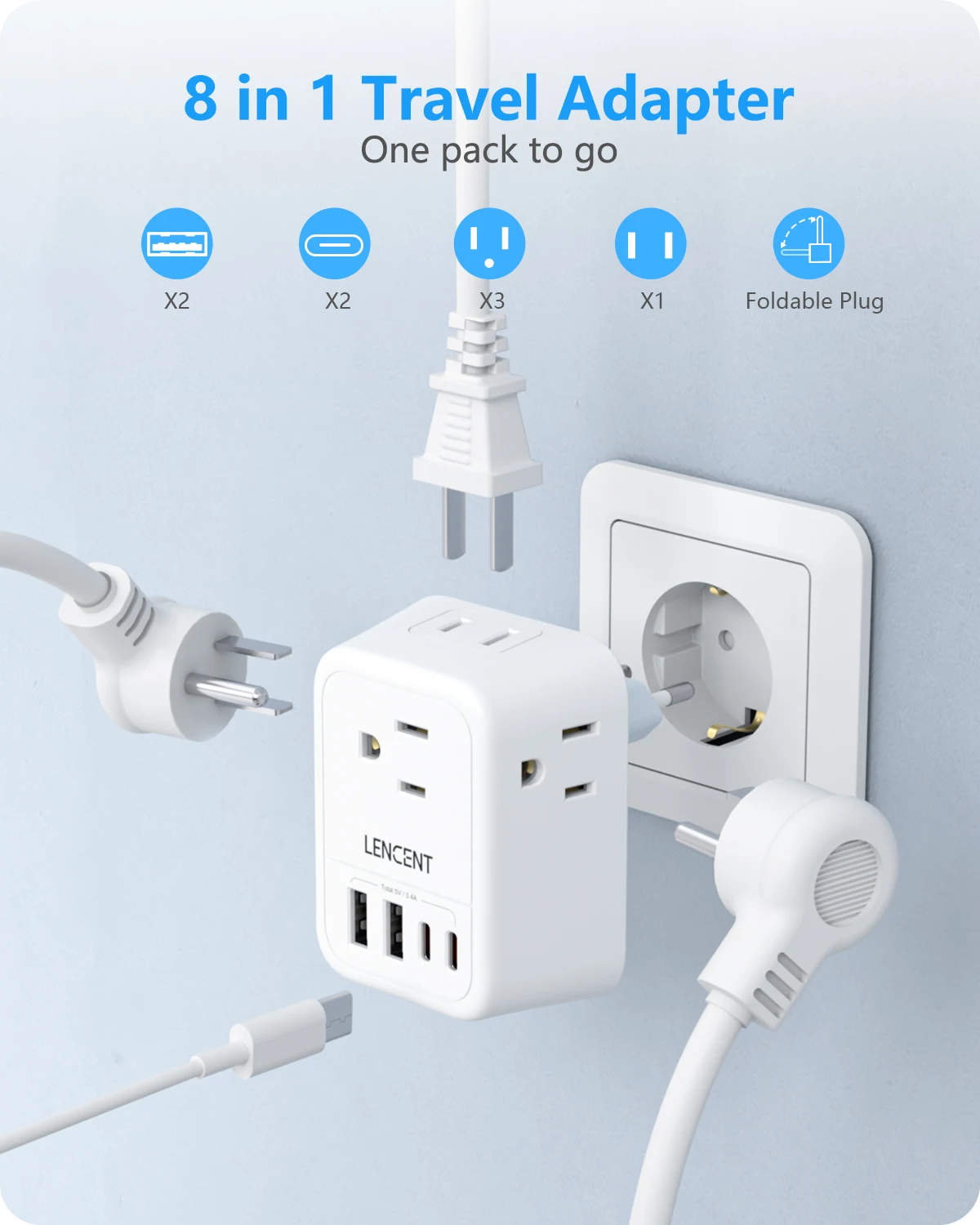 LENCENT US to EU Travel Adapter International Type-C Foldable Power Plug with 4 Outlets+2USB-A+2USB-C 5V/3A European Travel