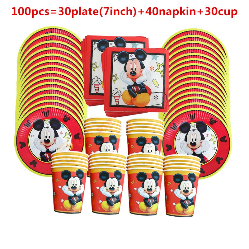 1Set Red Mickey Mouse Theme Disposable Paper Cups Plates Flexible Straws Baby Shower Kid Birthday Napkin Decoration Supplies 