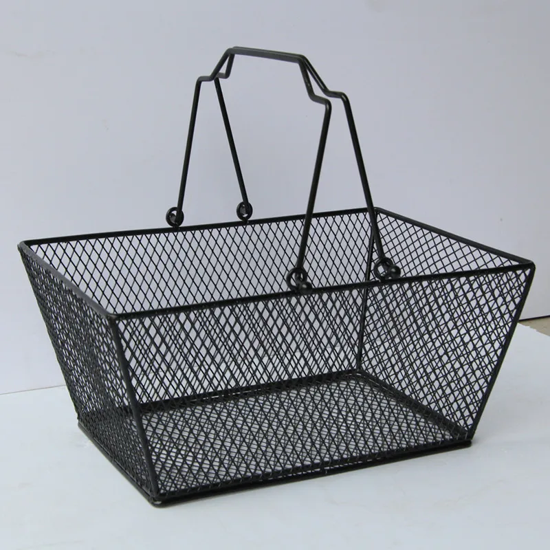 

Free shipping 10pcs Black Cosmetics Storage Baskets Hollowed Out Design Skep With Handle Iron Wire Mesh Shopping Basket ZA6805