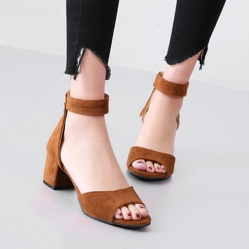 High Sandals Female Pump New Fashion Buckle Strap Soft Synthetic Leather Thick Heel Solid Party Women Pumps Sandals