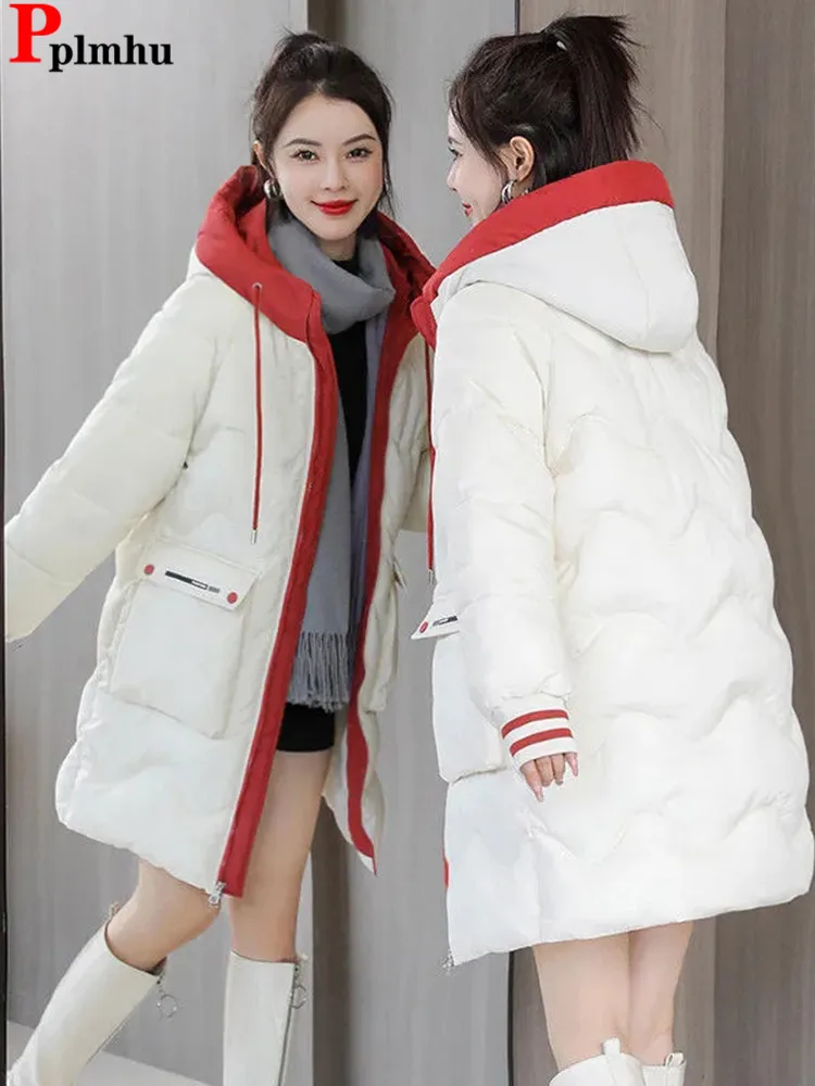 

Patchwork Faux Fur Collar Parkas Chaquetas Korean Chic Padded Winter Warm Windproof Overcoat Jaquetas Warm Quilted Abrigos New