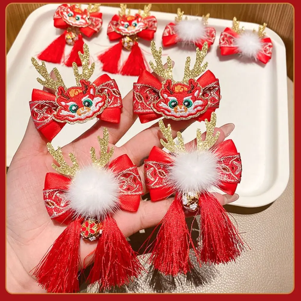 

Tassel Children Red Hairpin Sweet Bow Mascot Dragon Horn Hanfu Hair Sticks Cloth Plush Ancient Style Hairpin