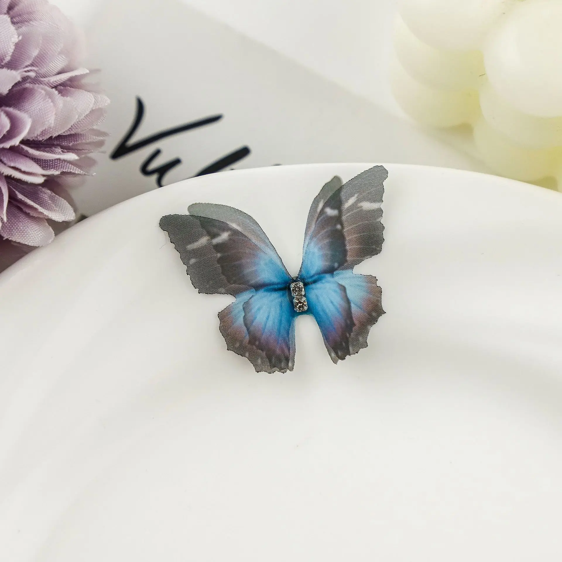 100Pcs 4.5Cm Tulle Butterfly With Rhinestone For DIY Making Clothing Party Festival Decor Handmade Craft Accessories