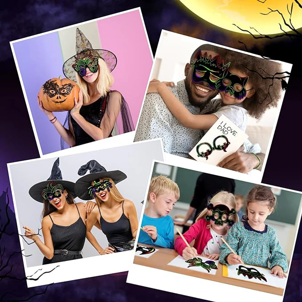 28Pcs Halloween Scratch Paper Mask Halloween Party Supplies