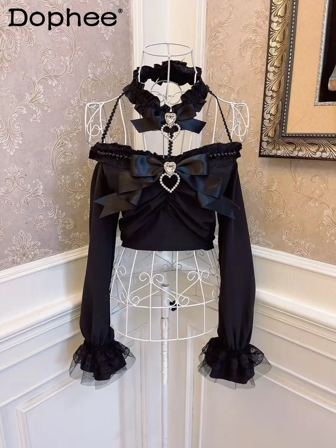 

Lolita Sweet Princess Bow Love Rhinestone Pearl Lace Flared Long Sleeve Shirt Women Spring Summer New Slim Fit Halter Crop Top