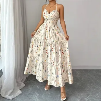 Summer Sexy Suspender Dress Women New Fashionable Elegant Casual Loose Resort Style Sleeveless Mid-Waist V-Neck Long Dresses 1