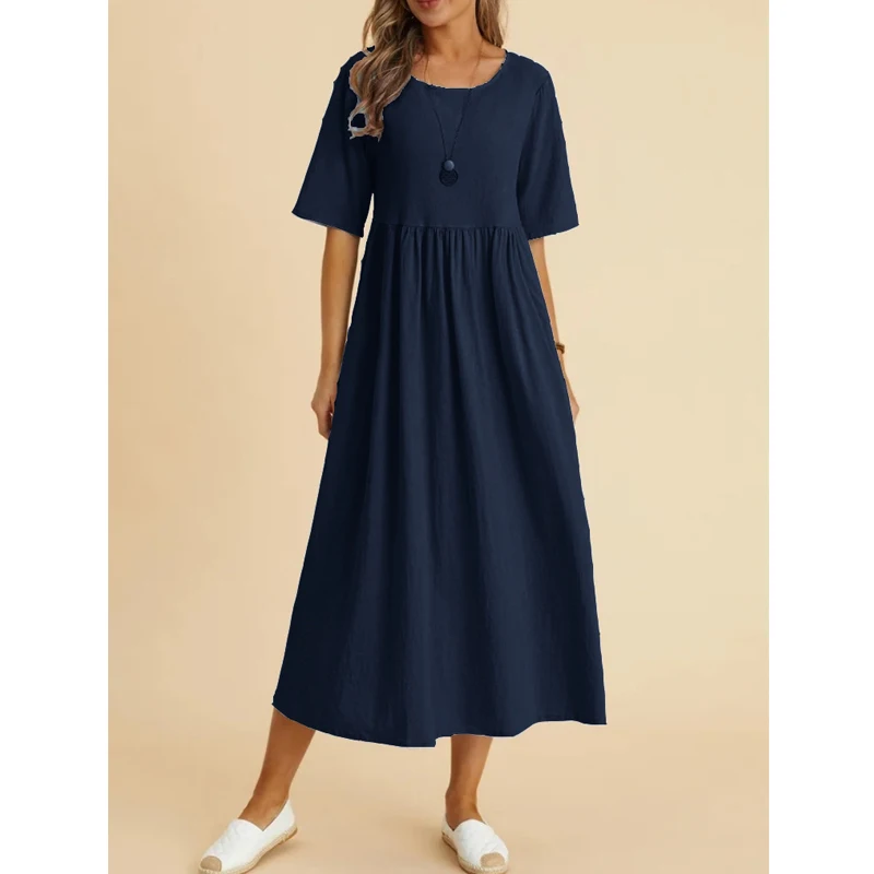 Women Vintage Cotton Linen Breathable Midi Dress Y2K Summer Fashion Half Sleeve Solid Casual Dresses High Waist Elegant Vestidos 4