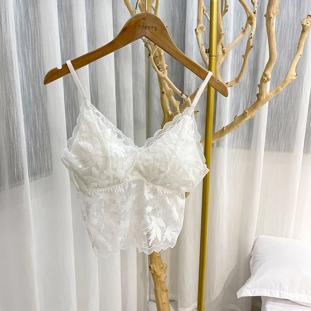 2021 Female Summer Crop Tank Top Women Fashion Deep V Lace Bras Embroidery Floral Tank Top Bra Wrapped Chest Camisole Padded Bra white 7