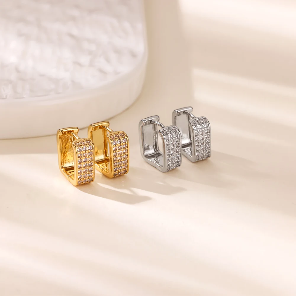 Zircon Square Hoop Earrings Luxury Gold Color Stainless Steel