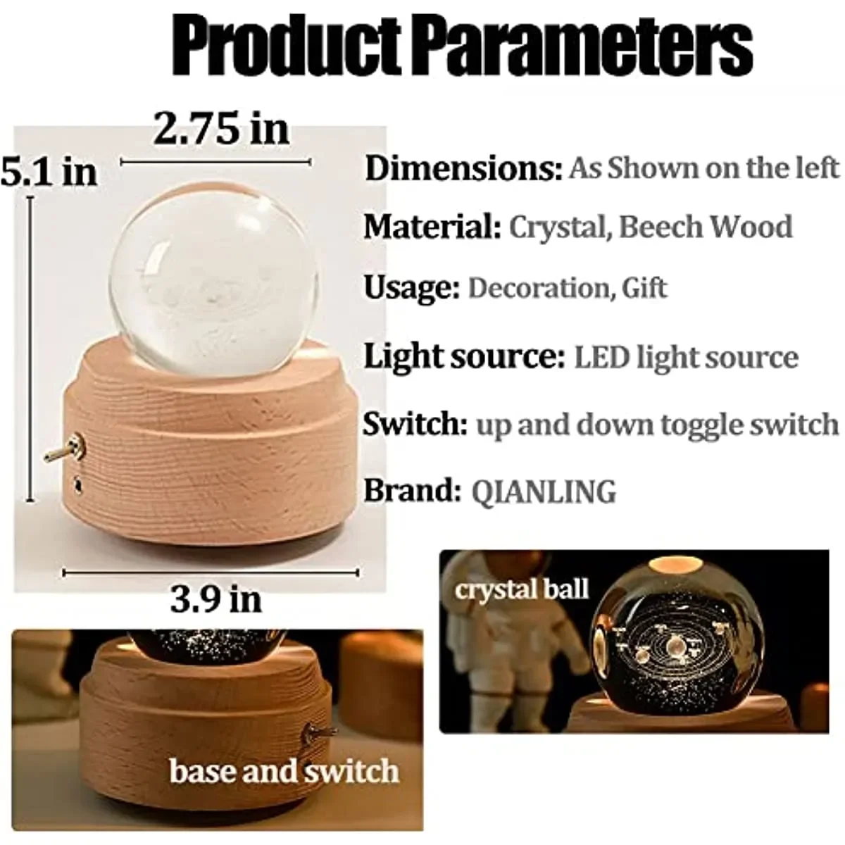 3D Rechargeable Guadalupe Crystal Ball Music Box with Led Projection Light and Rotating Wooden Base Creative Wooden Virgin Mary