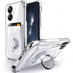 Soft Transparent Card Slot Phone Case with Magnetic Ring Holder Stand Cover for Realme 10 Pro 5G (Silver)