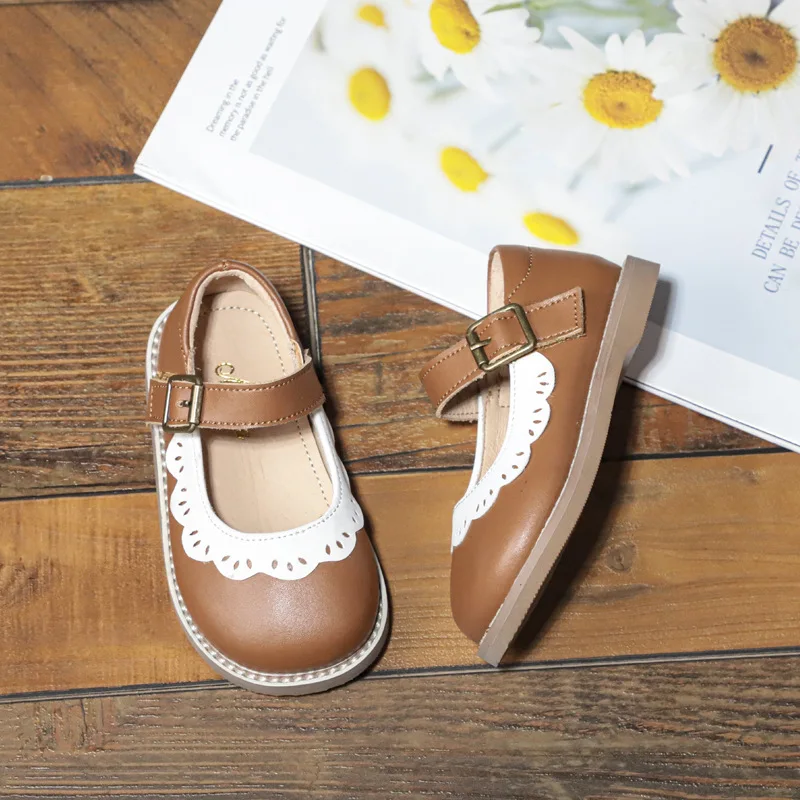 Hook Loop Flower Lace Children Dress Shoes Genuine Leather Girls