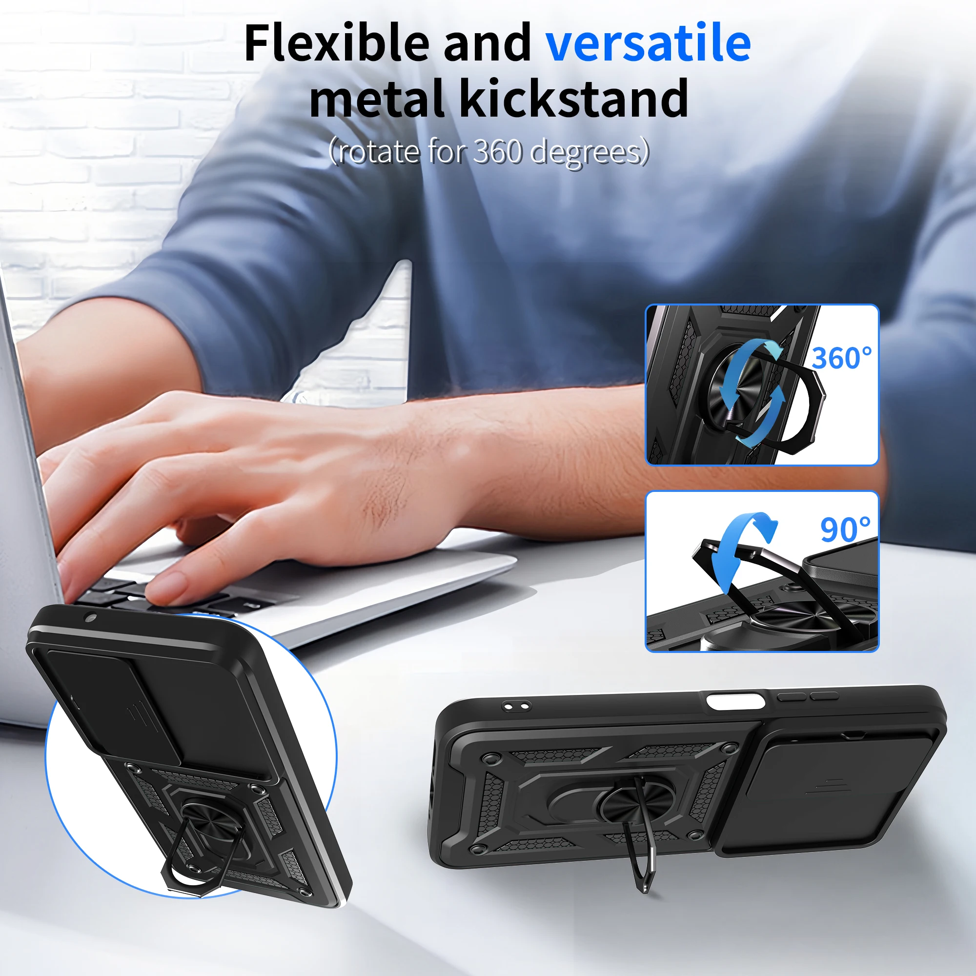 Armor Slide Camera Ring Kickstand Protective Phone Case Cover