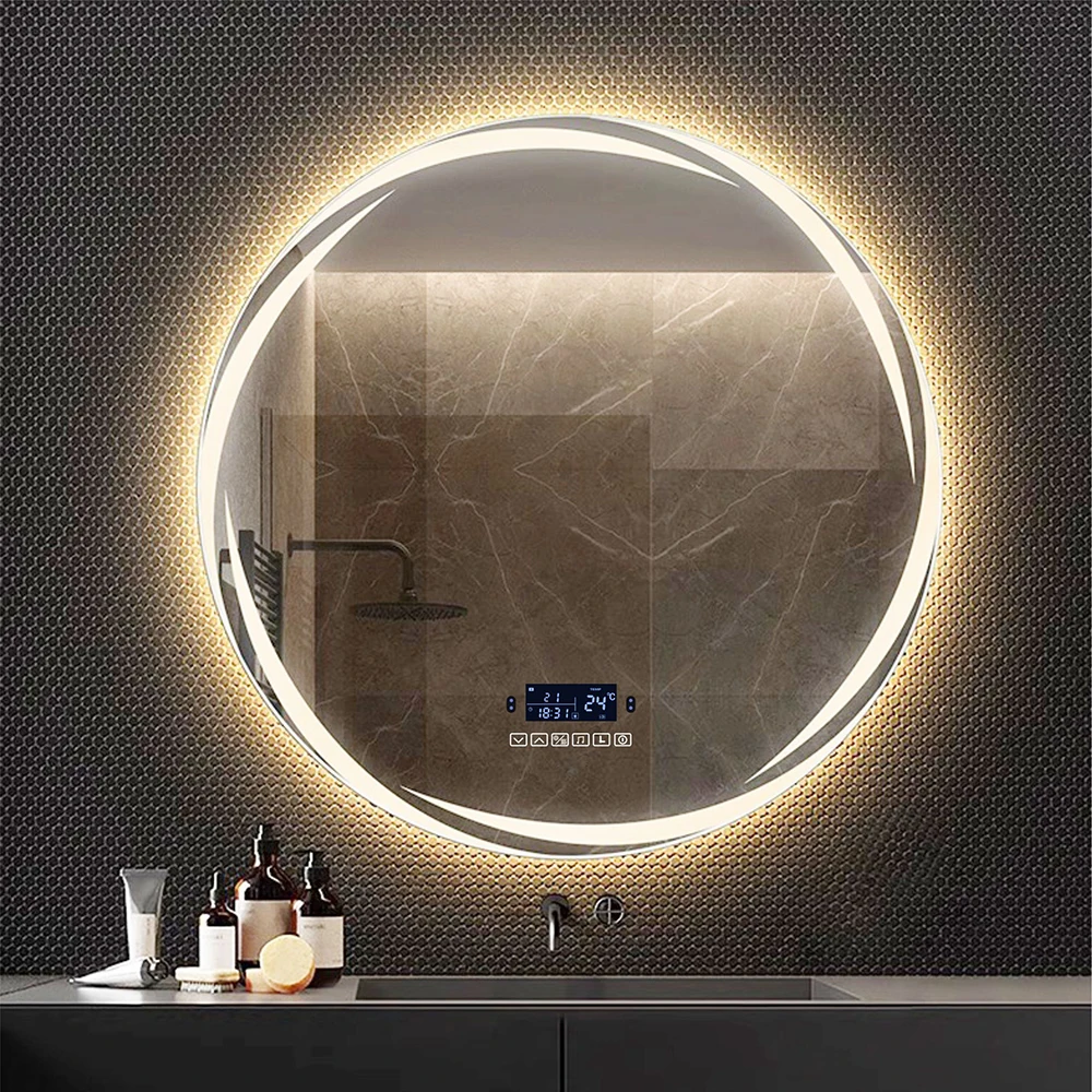 Round Smart LED Bathroom Hotel Decorative Mirror 60/70/80cm 3-Color Adjustable/Bluetooth Speaker/Human Body Sensing/Time Display