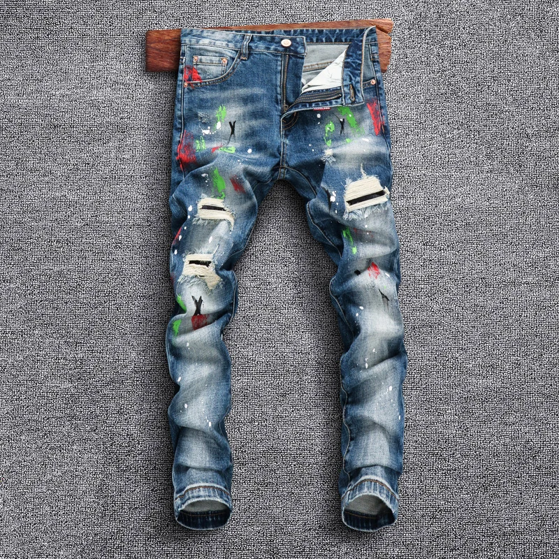 mens skinny ripped jeans slim patchwork blue denim pants pencil pants street hip hop denim trousers fashion boyfriend jeans Street Style Fashion Men Jeans Retro Blue Elastic Slim Fit Painted Ripped Jeans Men Stretch Trousers Hip Hop Denim Pants Hombre