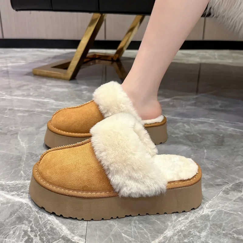 

2023 Shoes Woman Plush Slippers For Adults Low Pantofle Platform Fur Flat New Hoof Heels Cotton Fabric Rubber Rome Basic Slides