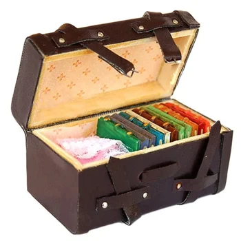 Mini bagaglio in legno in pelle vintage in miniatura per casa delle bambole 1/12