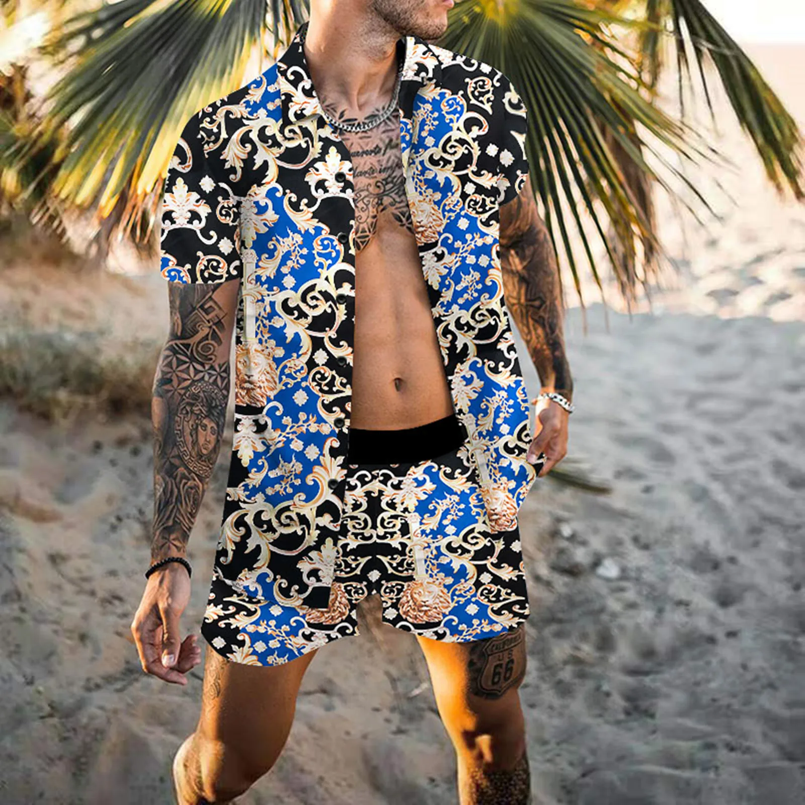 

Luxury Leopard Print Hawaiian Shirt Set Mens Short Sleeve Casual Floral Shirt Beach SummerTwo Piece Men Sets S-3XL
