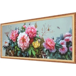 Pink Peony Floral DIY Cross Stitch Kit with Printed Canvas and Embroidery Supplies - 11CT Cotton 149x65cm (01)