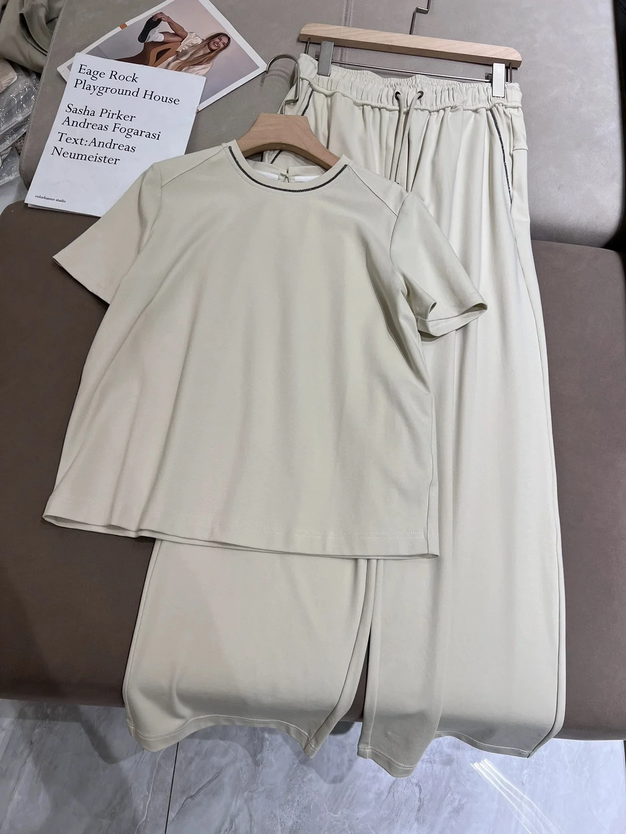 

Summer 2024 Women's Pant Suit Short Sleeve T-shirt Top + Elasticity High Waist Straight Leg Wide Leg Pants Trousers 2 Piece Set