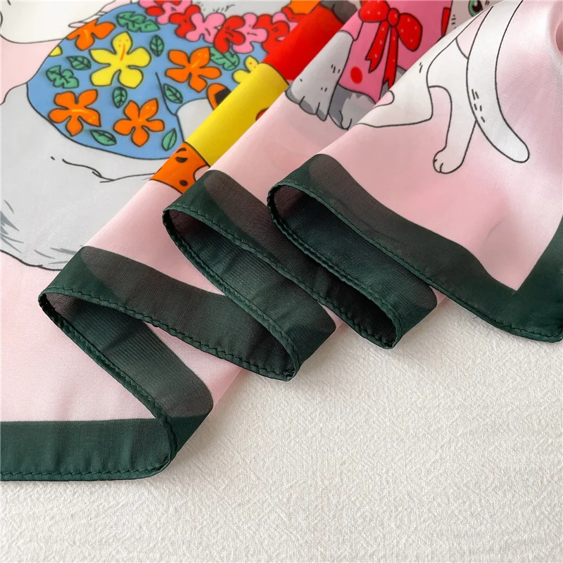 Cartoon Cat Square Imitation Silk Scarf Spring and Summer Head Wrap For Women Multifunction  Neckerchief 6