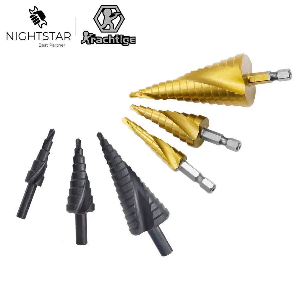 

4-12mm 4-20mm 4-32mm HSS Spiral Grooved Stepped Drills Hex Shank Nitriding Black Conical Cone Professional Power Drill Cutter