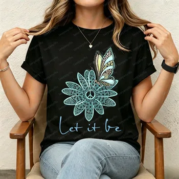 Vintage Boho Peace Symbol Flower Butterfly Womens T Shirt Fashion Summer Short Sleeve Let It Be Slogan Floral Casual Daily Tees 2