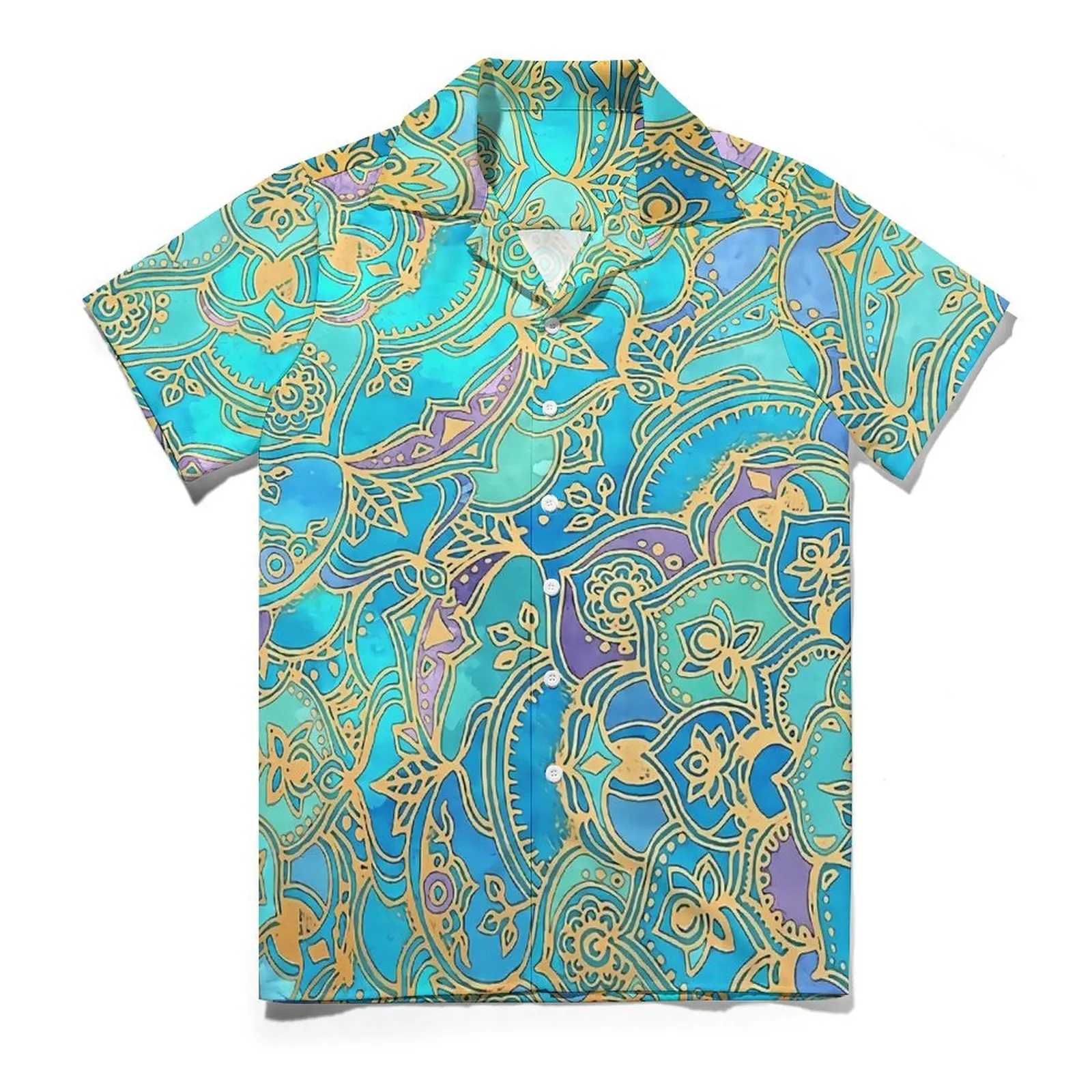 

Boho Floral Print Hawaiian Shirt For Mens Vacation Blue Mandalas Casual Shirts Short-Sleeved Y2K Street Retro Oversized Blouses