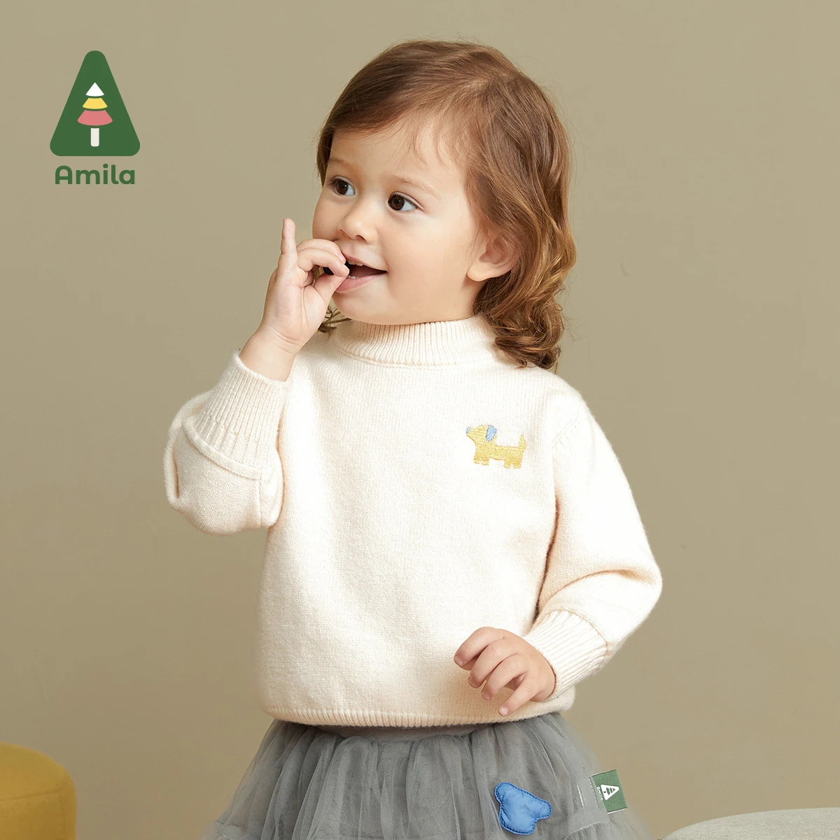 Amila Baby Sweater Spring New Solid Color Turtleneck Plain Boys and Girls All-match Cartoon Embroidery Children's Clothes