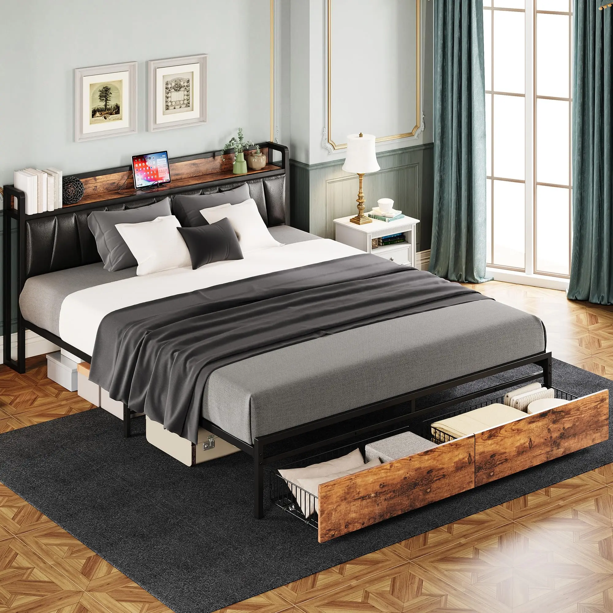 California King Bed Frame with Storage & USB 1