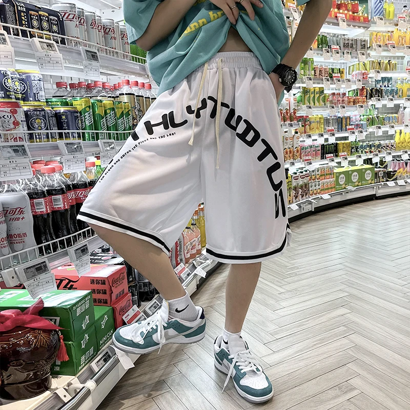 Men Cityboy Ice Silk Loose Shorts Summer Sports Basketball Ins Letters Print Short Pants Knee Length Trainning Drawstring Waist