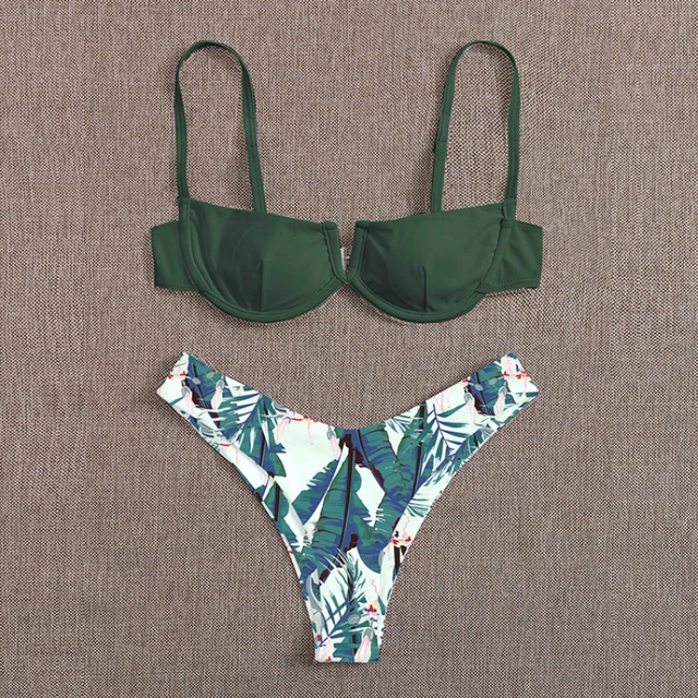 Summer Printing V-shaped Bikini Set Women 2023 Sexy Solid Color Push Up  Padded Ladies Sexy Split Swimsuit Bathing Suit