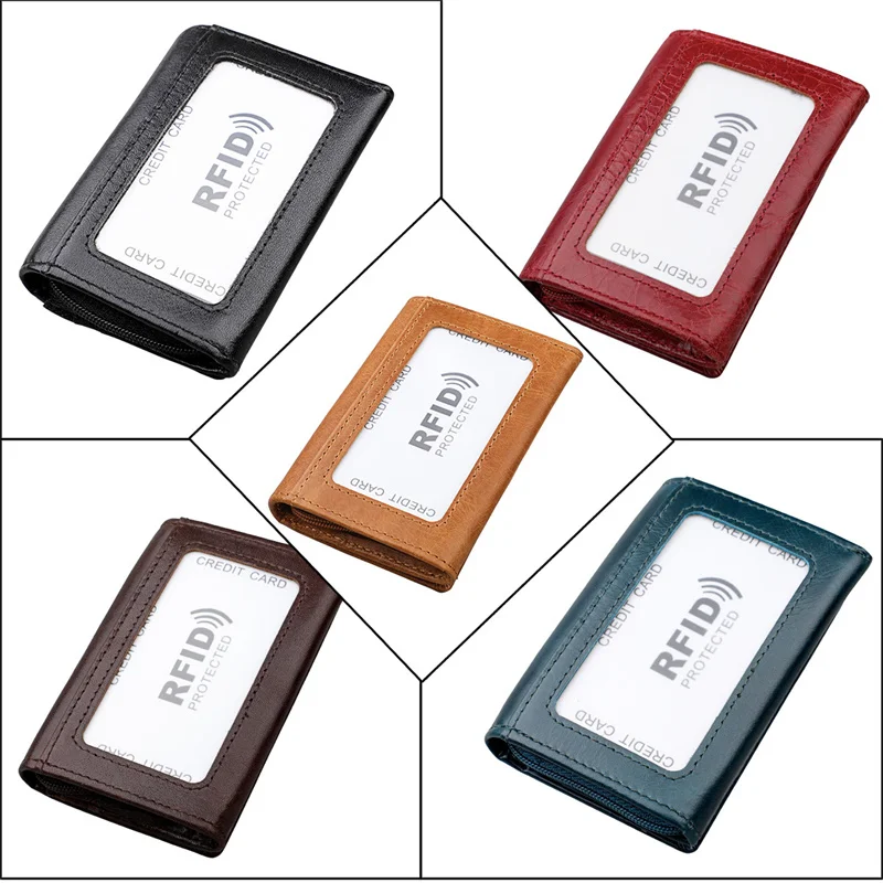 Anti-magnetic Retro Unisex Card Holder Multi-card Genuine Leather Wallet with Snap Multifunctional 2 Fold Coin Purse with Zipper