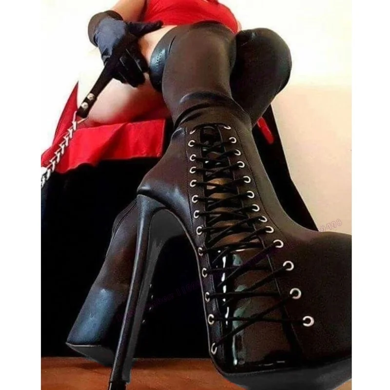 

Black Lace Up Platform Boots Cut Out Matte Leather Round Toe Shoes for Women Stilettos High Heels Shoes 2023 Zapatos Para Mujere