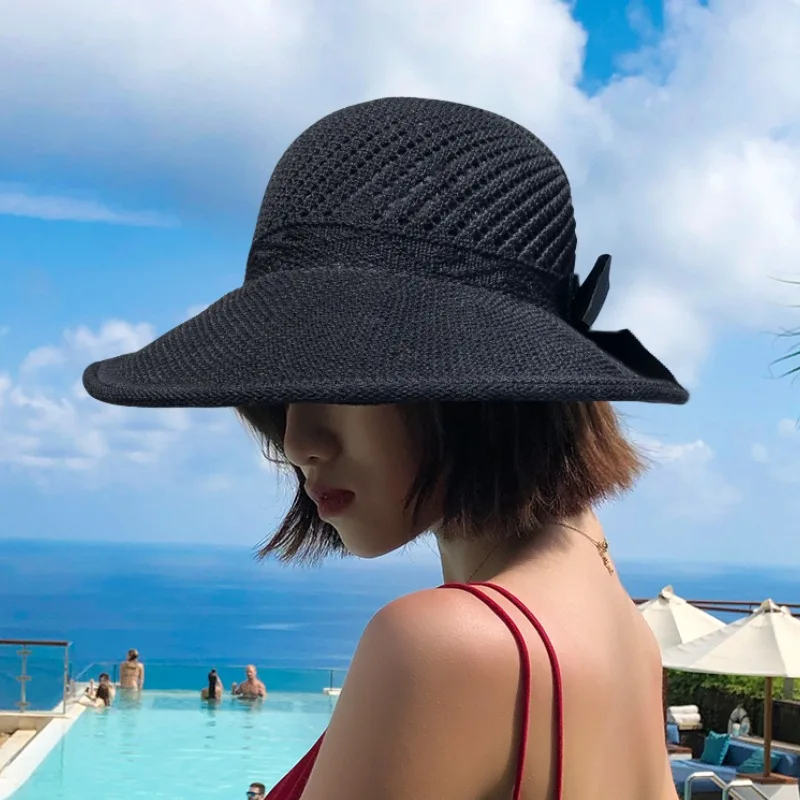 

Summer Soft Foldable Straw Hat Fashion Big Bows Big Brim Beach Bucket Hat UV Protect Sun Hats Women Ladies Panama Caps