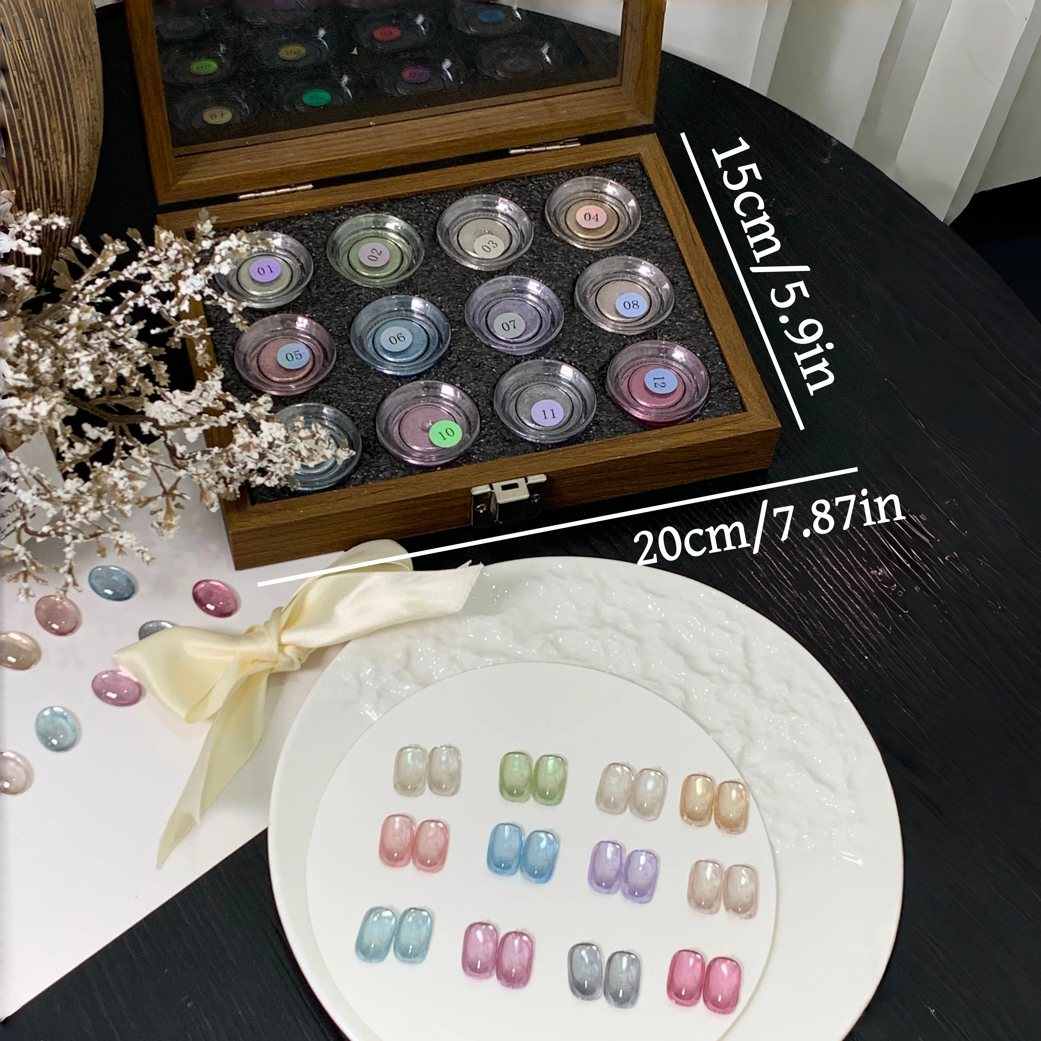 고급 네일 아트 파우더 세트, 12가지 색상과 컬러 차트, 초미세 글리터, 일본 스타일, 완벽한 선물 상자