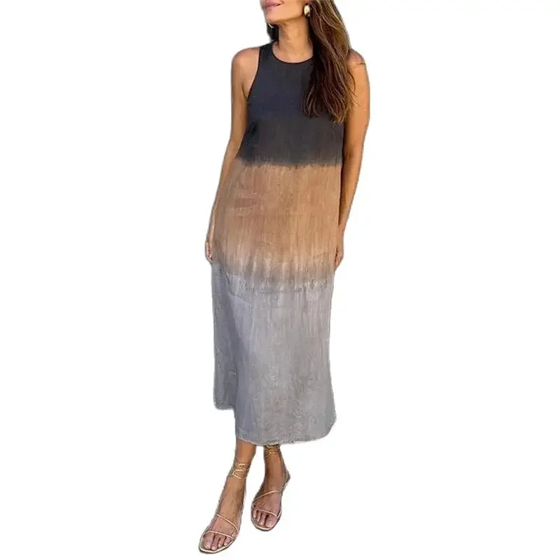 

Women Gradual Print Sleeveless Dresses Summer Comfortable Casual Commuter Cotton Linen Dress Elegant Female Split Hem Long Gown