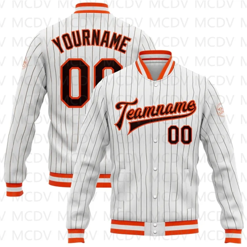 Custom White Brown Pinstripe Brown-Orange Bomber Full-Snap Varsity Letterman Jacket custom white brown pinstripe brown orange bomber full snap varsity letterman jacket