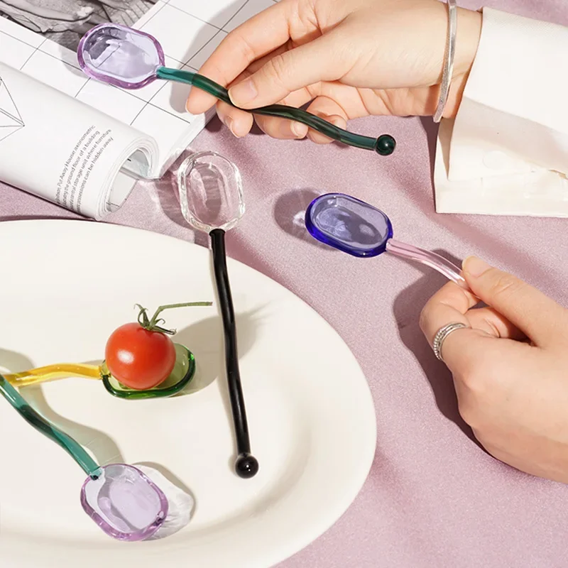 Glass Spoon Solid Color High Temperature Resistant Spoon Creative Long Spiral Handle Juice Coffee Extended DIY 1pc