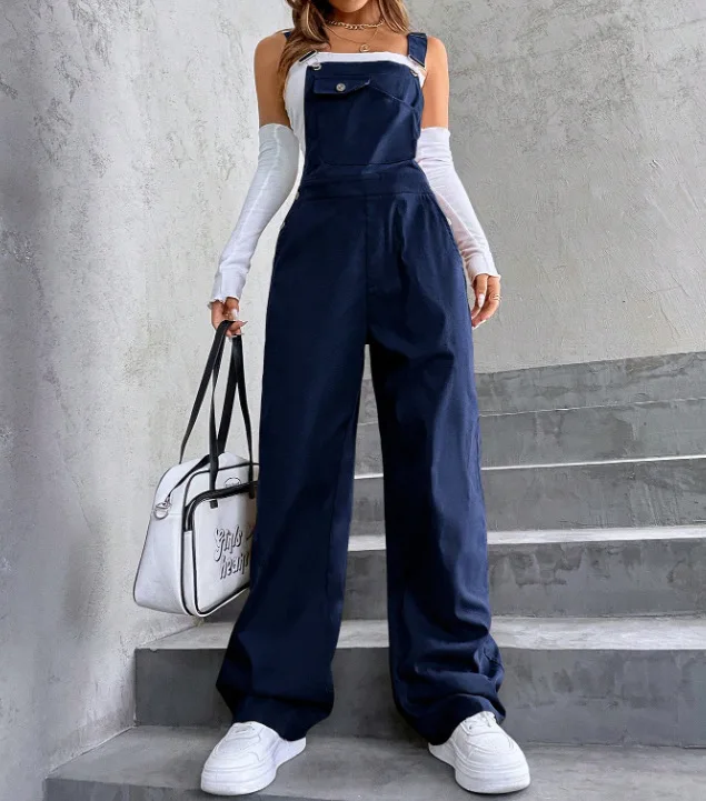 Retro Pocket Solid Color Straight Leg Utility Overalls Loose Fashion Casual Pants