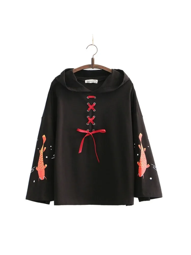 

Women Hoodies And Sweatshirts Cartoon Fish Print Lace Up Flare Sleeve Hooded Tracksuits 2020 New Korean Style Female Pullover
