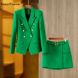 European Design Fresh Green Two-Pieces Blazer Suits Quality High Street Women Bodycon Twin Sets