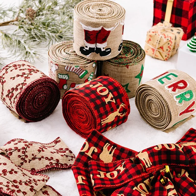 

5m Christmas DIY Fabric Ribbon Burlap Ribbon With Wired Edge Gift Wrapping Christmas Tree Decor Ribbon DIY Wreath Bows Crafts