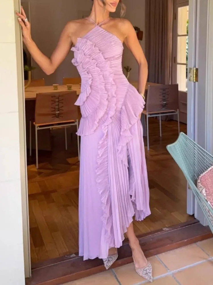 QMQA فساتين نسائية عصرية مكشكشة بدون حمالات بدون ظ...