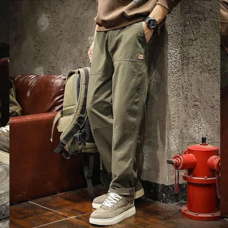 American Style Trend New Spring Casual Pants Men's Solid Pockets Badge Fashion Minimalist Safari Style Loose Wlde-waisted Pants