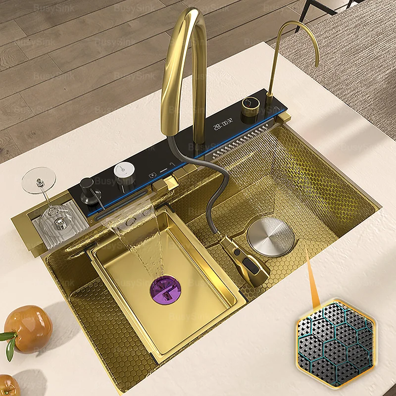 Golden Stainless Steel Kitchen Sink Waterfall Outlet Large Single Sink Digital Display Dishwashing and Vegetable Sinks kitchen sink
