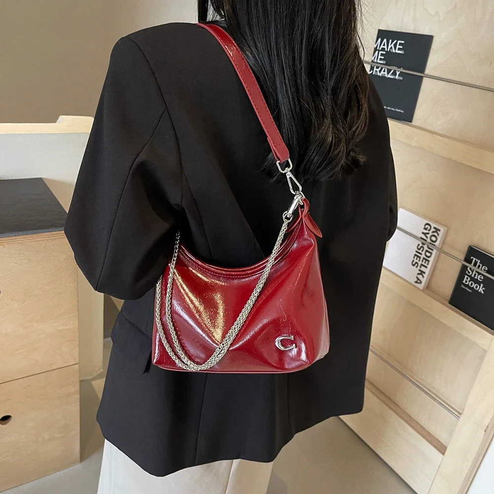 Women PU Casual Tote Handbag Large Capacity Chain Sling Bag Zipper Closure Elegant Underarm Bag Multi-pockets Simple Satchel Bag 3