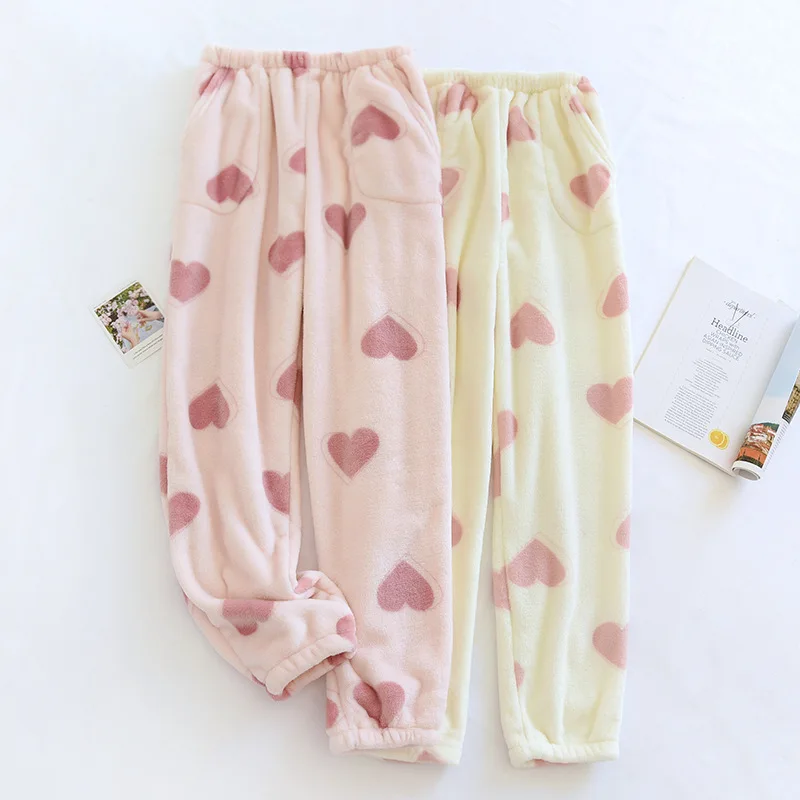 

Autumn and Winter Love Heart Printing Women's Flannel Warm Pajamas Long Trousers Coral Velvet Household Pijamas Women Pants