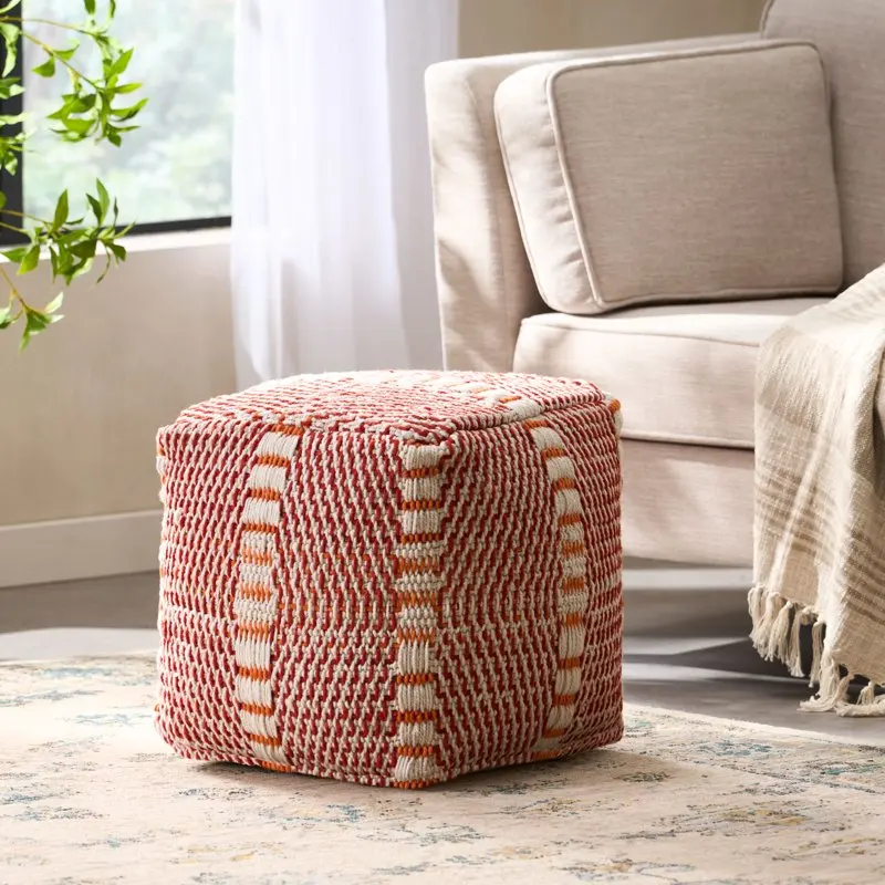 

Emeric Indoor Handcrafted Boho Water Resistant Cube Pouf, Red and Orange
